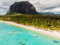 Luxury beach with mountain in Mauritius. Sandy beach with palms and ocean. Aerial view Royalty Free Stock Photo