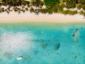 Luxury beach with palms and blue sea in Mauritius. Aerial view