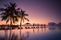 Luxury beach pool scene. Palm trees and infinity pool on Maldives beach Royalty Free Stock Photo