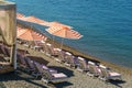 Luxury beach tents with awnings on pebble beach of Gelendzhik. Beautiful resort on the Black Sea Royalty Free Stock Photo