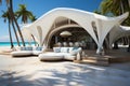 Luxury beach tents canopies on white sandy beach Royalty Free Stock Photo