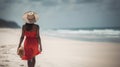Luxury beach vacation elegant tourist woman walking relaxing in red beachwear and sunhat on white sand, generative ai