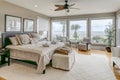 Luxury beach view bedroom looking out onto palm trees and the ocean