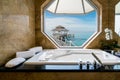 Luxury beautiful interior design on beach resort, window view fr Royalty Free Stock Photo