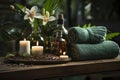 Luxury beauty spa salon details candles, towels, flowers, and aromatic oils.