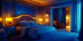 Luxury Bedroom Blue Gold Nighttime Elegance Royalty Free Stock Photo