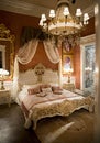 Luxury bedroom design and queen bed with chandellier