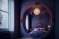 Luxury bedroom interior with black walls, wooden floor, large round mirror and purple bed. 3d rendering. Royalty Free Stock Photo