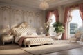 Luxury bedroom interior in classic style with a golden decoration, huge bed and large window Royalty Free Stock Photo