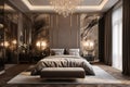 Luxury bedroom interior design with black and gold decor. Marble tiles