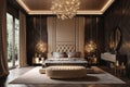 Luxury bedroom interior design. Gold decorations. Modern and prestige interior with king size bed Royalty Free Stock Photo