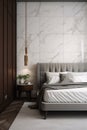 Luxury bedroom interior design with modern white marble carrara walls, wooden floor, king size bed Royalty Free Stock Photo