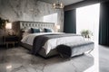 Luxury bedroom interior design with white marble carrara walls, luxury king size bed with gray linen Royalty Free Stock Photo