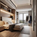 Luxury bedroom interior design with wooden floor, white walls, wooden floor, double bed and wardrobe. 3d rendering. AI