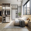 Luxury bedroom interior design with wooden floor, white walls, wooden floor, double bed and wardrobe. 3d rendering. AI