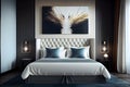 Luxury bedroom interior with a double bed and a poster hanging on the wall. AI Generative Royalty Free Stock Photo