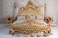 Luxury bedroom in light colors with golden furniture details. Big comfortable double royal bed in elegant classic Royalty Free Stock Photo