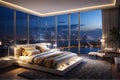 luxury bedroom night city view from a large windows Royalty Free Stock Photo