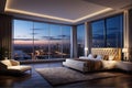 luxury bedroom night city view from a large windows Royalty Free Stock Photo