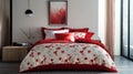 Luxury Bedroom With Stylish Red Bedding With Heart Pattern. Romantic Bedroom Interior With Decorations Royalty Free Stock Photo