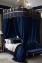 luxury bedroom with blue velvet upholstered furniture and gold curtains Royalty Free Stock Photo