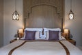 luxury bedroom whit arabic style lamps and bed Royalty Free Stock Photo