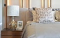 Luxury bedroom with white lamp with picture frame on table