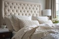 Luxury beige headboard of double bed with tufted upholstery, decorated button-tufted backrest, table, lamp, pillows and blanket, Royalty Free Stock Photo