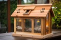 luxury birdhouse with heated seed tray and glass panels for a view of the interior