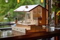 luxury birdhouse with heated seed tray and glass panels for a view of the interior