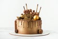 Luxury birthday chocolate cake with drips decorated with candies