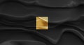 Luxury black background abstract shape with golden square. Flowing glossy black shapes. Abstract melting wall.