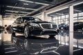 Luxury black car in showroom. Generative AI Royalty Free Stock Photo