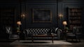 Luxury black leather sofa in classic interior. 3d render. Home library, study. Royalty Free Stock Photo