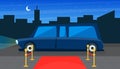 Luxury Black Limousine Car and Red Empty Event Carpet on Background of City Landscape Vector Illustration