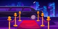 Luxury black limousine near empty red carpet