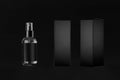 Luxury black mock up for design of packing cosmetics product - small transparent spray bottles, label, paper boxes sides, dark.