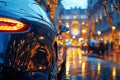 Luxury blue car on street in the evening. Taillight close-up