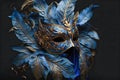 Blue carnival mask with feathers and gold elements. AI generated. Royalty Free Stock Photo