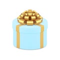 Luxury blue circle gift box decorated by golden bow ribbon 3d isometric clean design vector