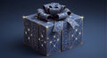 Luxury Blue and Gold Geometric Gift Box with Sparkling Bow on Dark Background Royalty Free Stock Photo