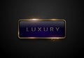 Luxury blue label with golden frame sparks on black geometric pattern background. Dark premium template. Vector illustration. Royalty Free Stock Photo