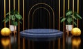 luxury blue Marble circle, block, square podium cube green leaves in black marble background