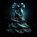 Luxury blue ribbon like a christmas tree on black background with glow and glitter. Christmas tree.