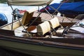 Luxury boat interior with seats and steering wheel Royalty Free Stock Photo