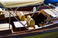 Luxury boat interior with seats and steering wheel Royalty Free Stock Photo