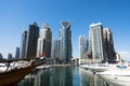 Luxury boats docked in sea port in Dubai Marina, United Arab Emirates during the night Royalty Free Stock Photo