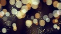 Luxury bokeh background with golden glitter particles. Beautiful gold confetti with magic light. Glow light effect on dark