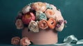 Luxury bouquet of peonies in a round stylish box in pastel color. Al generated