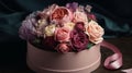 Luxury bouquet of peonies in a round stylish box in pastel color. Al generated